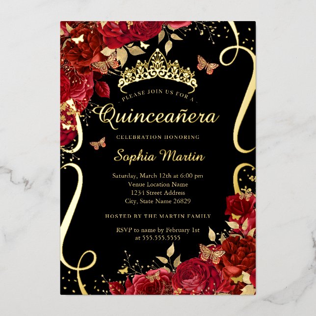 Red Floral Butterfly Elegant Gold Quinceanera  (Front)