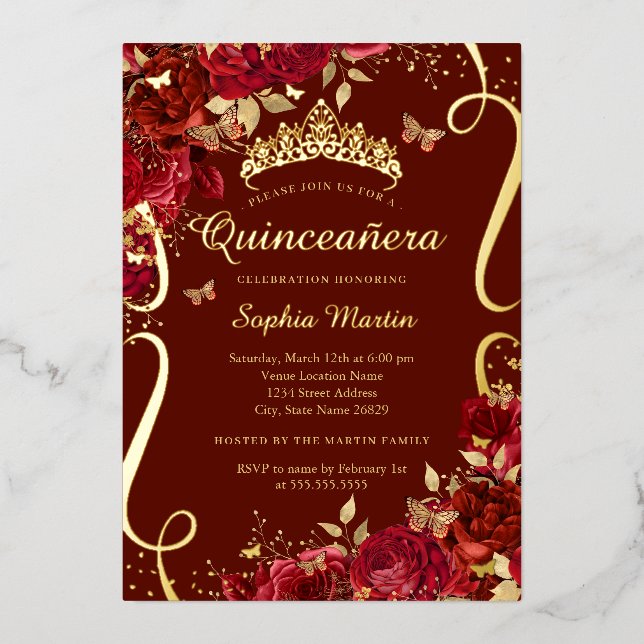 Red Floral Butterfly Elegant Quinceanera  (Front)