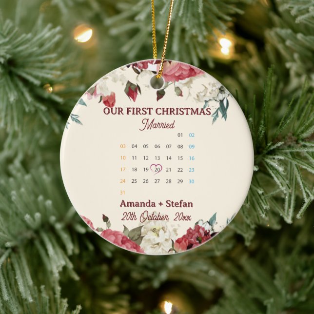 Red Floral Calendar Our First Christmas Married  Ceramic Tree Decoration (Tree)