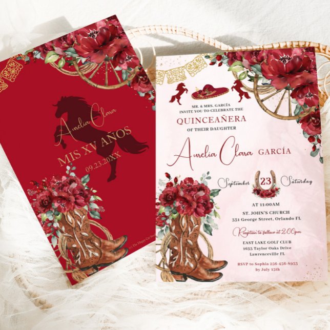 Red Floral Charro Horseshoe Boots Quinceañera Invitation (Creator Uploaded)