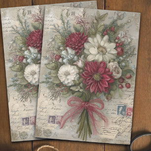 Red Floral Christmas Bouquet Ephemera Decoupage Tissue Paper