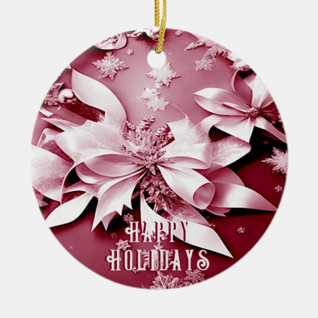 Red Floral Christmas Holiday Ornament (Front)