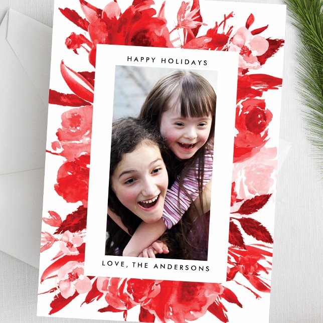 Red Floral Christmas Holiday Photo Card (Creator Uploaded)