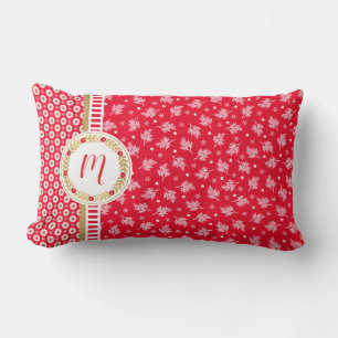 Red Floral Christmas Monogram Lumbar Pillow