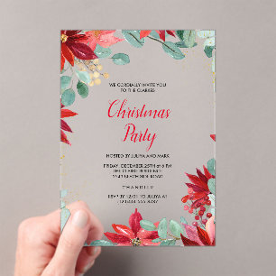 Red Floral Christmas Party Acrylic Invitations