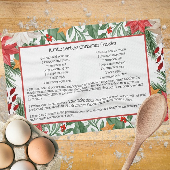 Red Floral Christmas Poinsettia Holiday Recipe Tea Towel (Creator Uploaded)