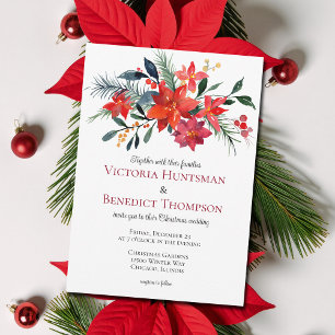 Red Floral Christmas Poinsettia Winter Wedding Invitation