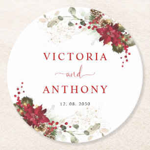 Red Floral Christmas Round Wedding Coaster