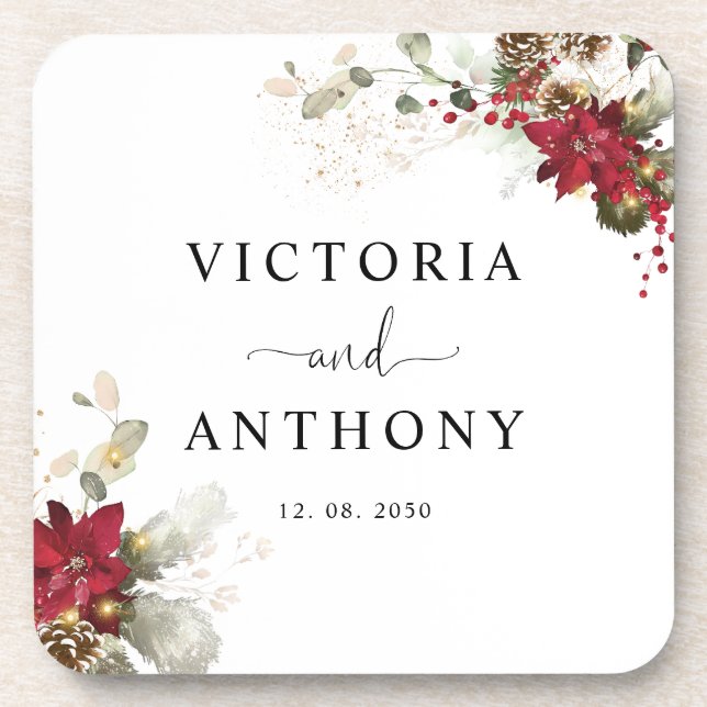 Red Floral Christmas Square Wedding Coaster (Front)