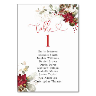 Red Floral Christmas Table Number Seating Chart