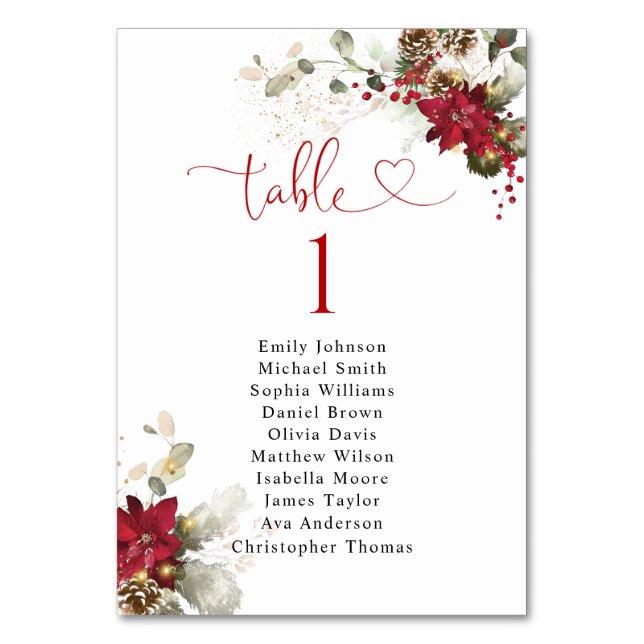 Red Floral Christmas Table Number Seating Chart (Front)