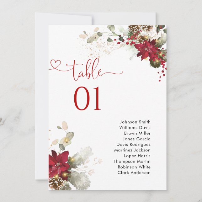 Red Floral Christmas Table Number Seating Chart (Front)