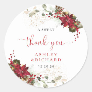 Red Floral Christmas Wedding Classic Round Sticker