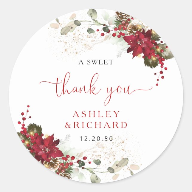 Red Floral Christmas Wedding Classic Round Sticker (Front)