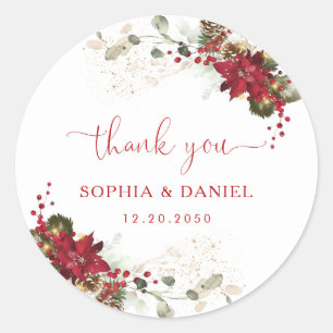 Red Floral Christmas Wedding Classic Round Sticker