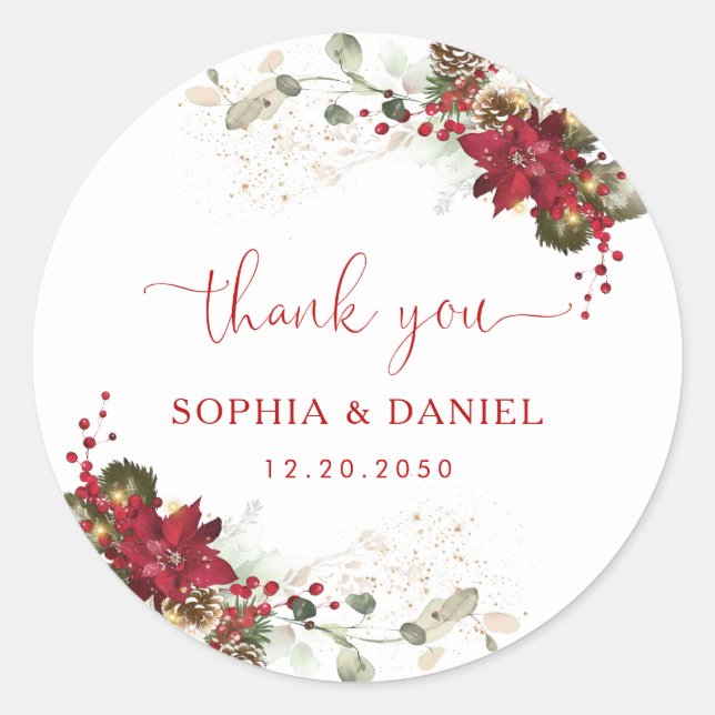 Red Floral Christmas Wedding Classic Round Sticker (Front)