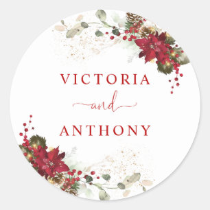 Red Floral Christmas Wedding Classic Round Sticker
