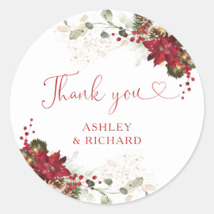 Red Floral Christmas Wedding Classic Round Sticker