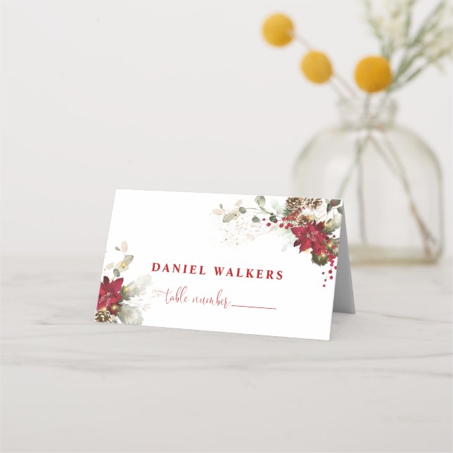Red Floral Christmas Wedding Folded Place Card (Front)