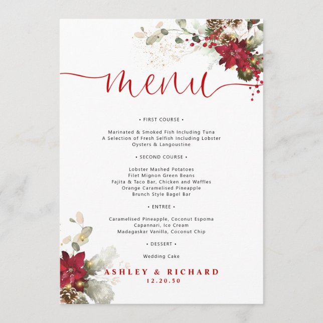 Red Floral Christmas Wedding Menu  (Front)