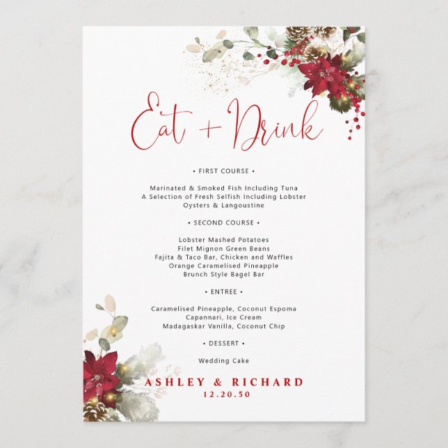 Red Floral Christmas Wedding Menu  (Front)