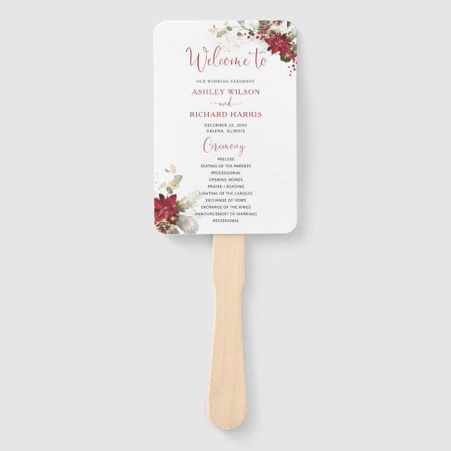 Red Floral Christmas Wedding Program Hand Fan (Front)