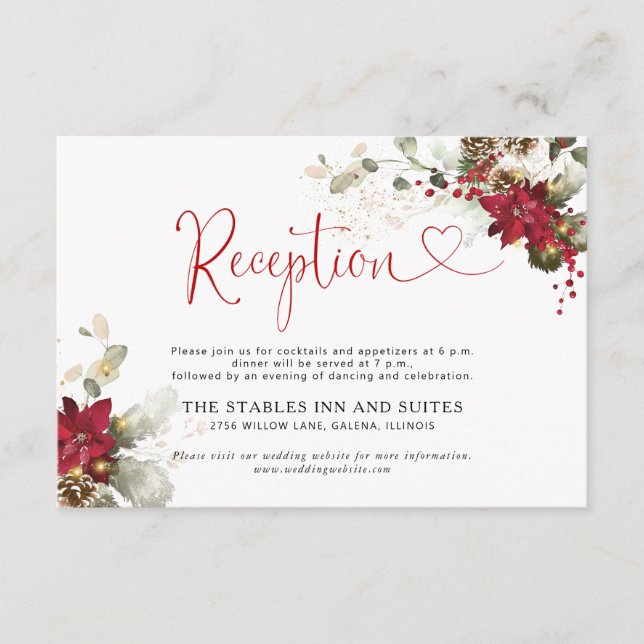 Red Floral Christmas Wedding Reception Enclosure Card (Front)