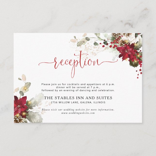 Red Floral Christmas Wedding Reception Enclosure Card (Front)