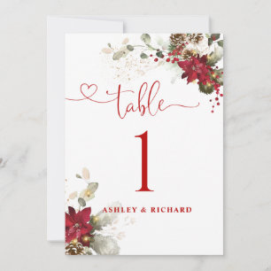 Red Floral Christmas Wedding Table Number Card