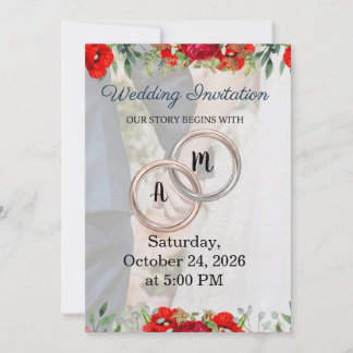 Red Floral Couple Monogram Wedding Invitation