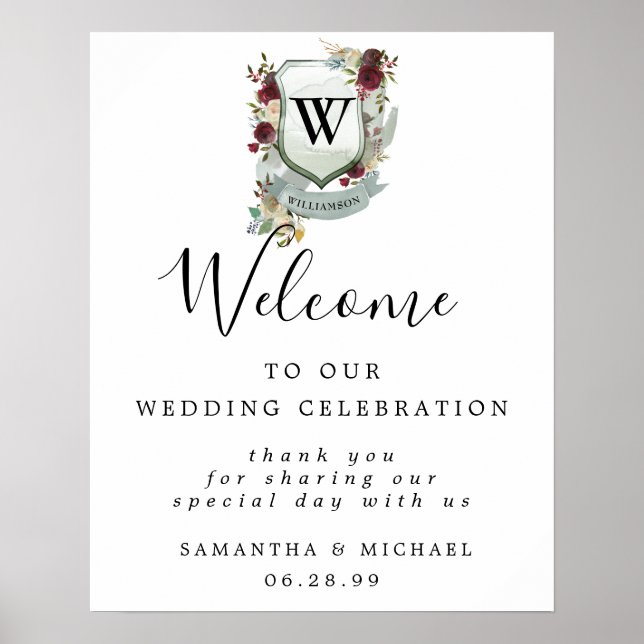Red Floral Crest Welcome to Our Wedding Sign (Front)