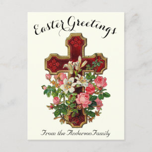 Red Floral Cross Vintage Easter Religious Postcard