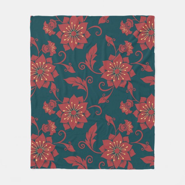 Red floral Damask seamless pattern   Fleece Blanket (Front)