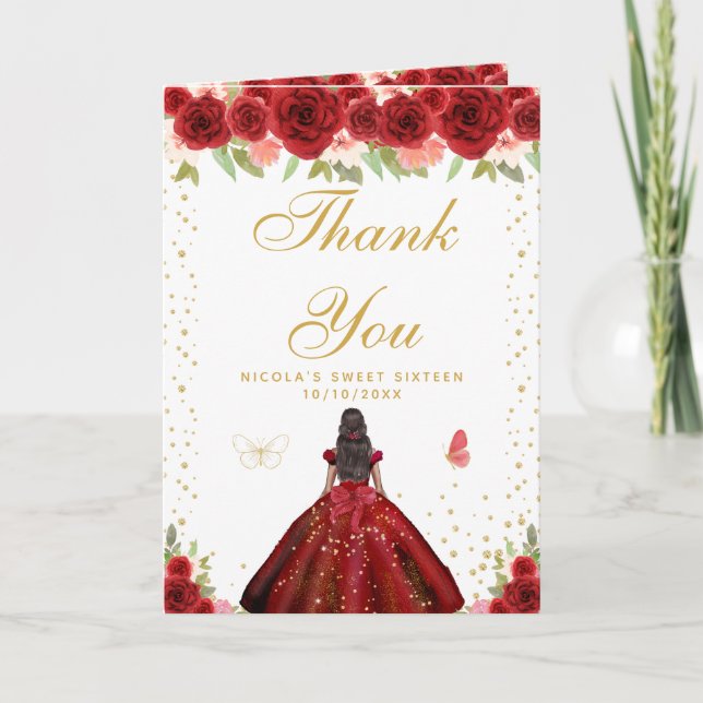 Red Floral Dark Skin Girl Sweet Sixteen Thank You Card (Front)