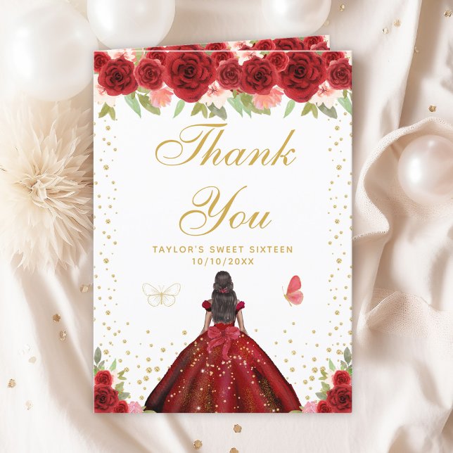Red Floral Dark Skin Girl Sweet Sixteen Thank You Card (Creator Uploaded)