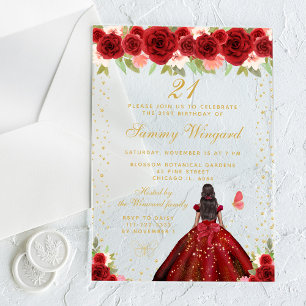 Red Floral Dark Skin Princess Birthday Party Acrylic Invitations