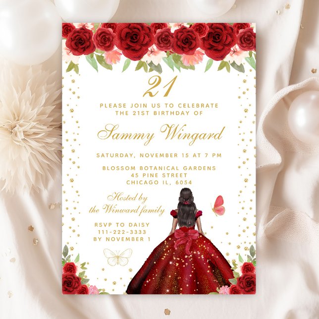Red Floral Dark Skin Princess Birthday Party Invitation (Creator Uploaded)