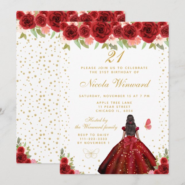 Red Floral Dark Skin Princess Birthday Party Invitation (Front/Back)