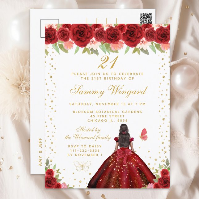 Red Floral Dark Skin Princess Birthday Party Postcard (Creator Uploaded)
