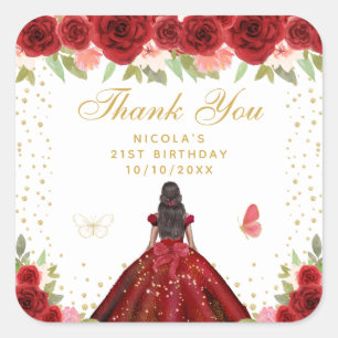Red Floral Dark Skin Princess Birthday Party Square Sticker