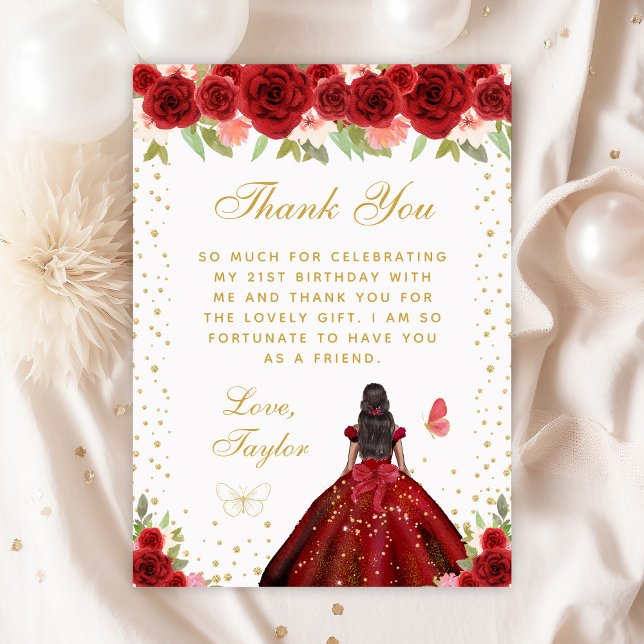 Red Floral Dark Skin Princess Birthday Party Thank You Card (Creator Uploaded)