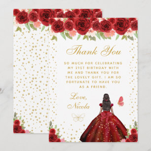 Red Floral Dark Skin Princess Birthday Party Thank You Card