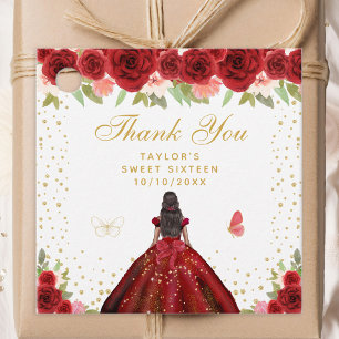 Red Floral Dark Skin Princess Sweet Sixteen Favour Tags