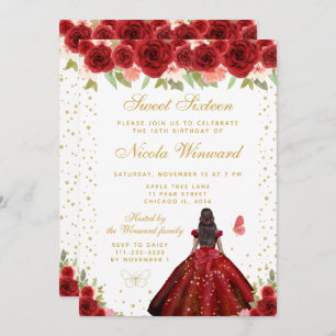 Red Floral Dark Skin Princess Sweet Sixteen Invitation