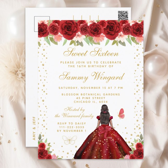 Red Floral Dark Skin Princess Sweet Sixteen Postcard (Creator Uploaded)