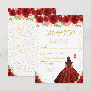 Red Floral Dark Skin Princess Sweet Sixteen RSVP Card