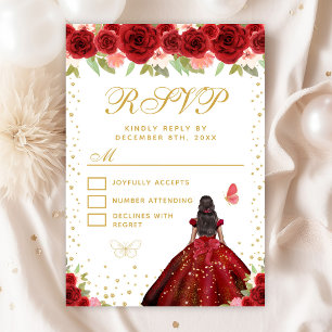 Red Floral Dark Skin Princess Sweet Sixteen RSVP Card
