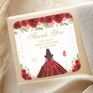 Red Floral Dark Skin Princess Sweet Sixteen Square Sticker