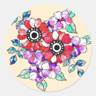 Red floral decoration classic round sticker