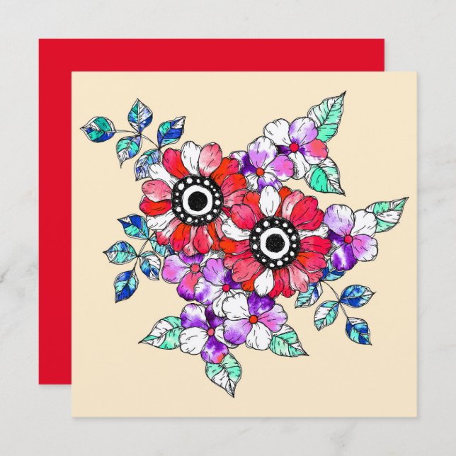 Red floral decoration thank you card (Front/Back)